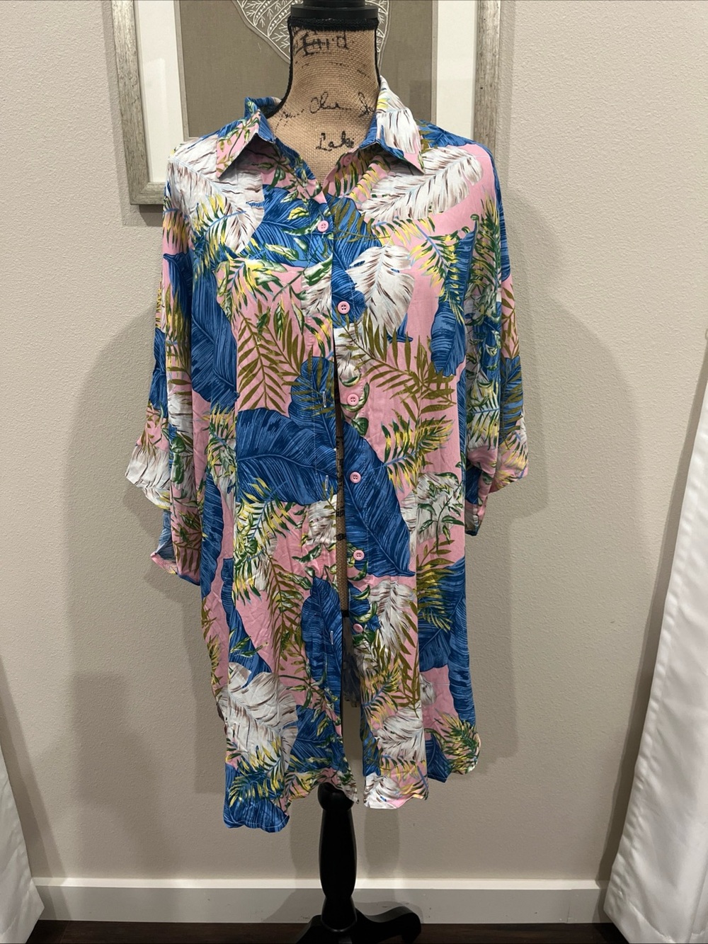 NWT Aimage Tropical pink & blue Print Relaxed Button-Up Swim Cover Up - SZ XL